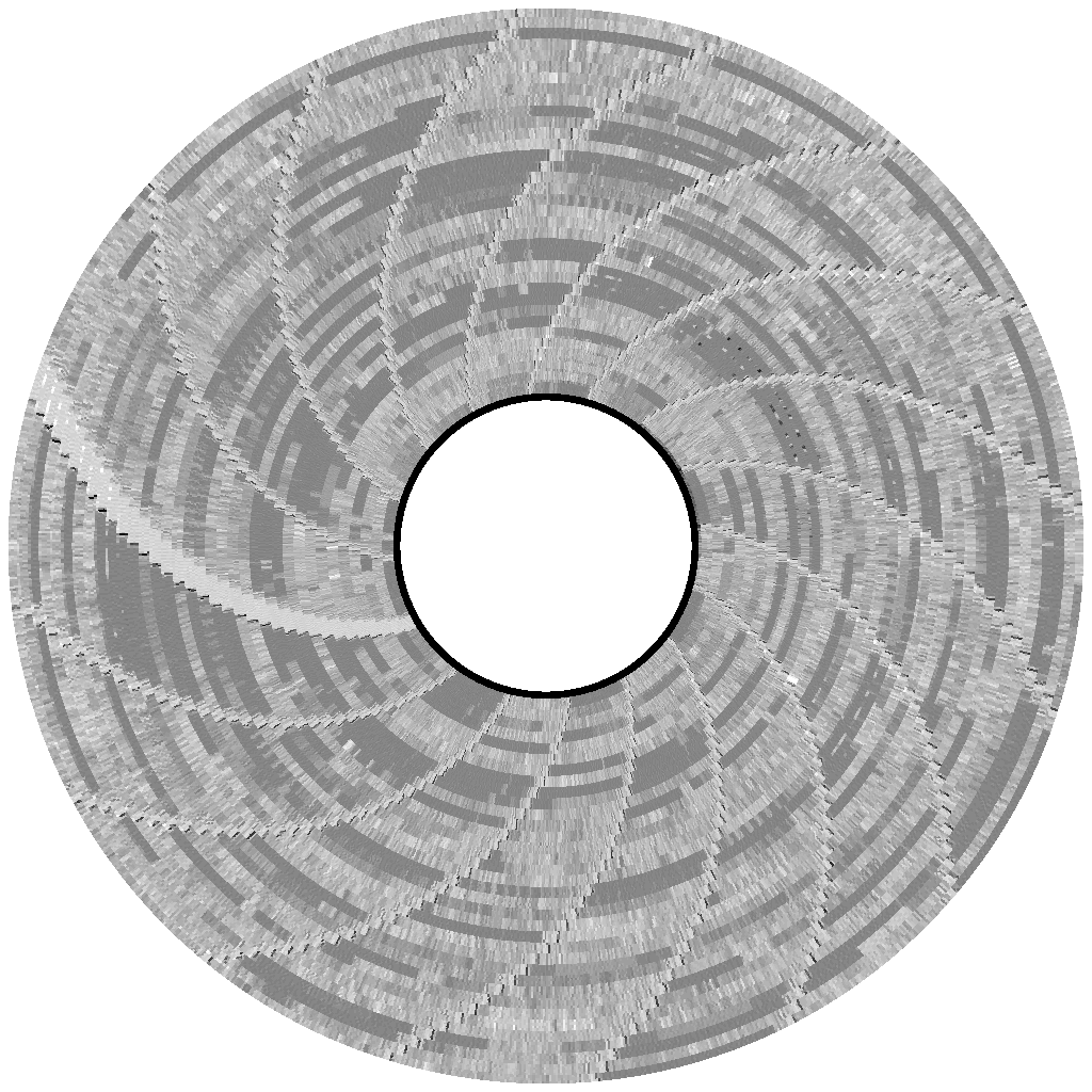 A graphical representation of the flux transitions which represent data on magnetic floppy disks, captured by the Applesauce Disk Controller from the disk titled The Complete Graphics System - Disk 1, Side A 2